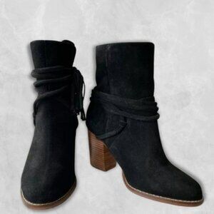 ALDO Suede Ankle Boots Stacked Heel Wrap Tassel Detail Black Women's US 8.5 NWOT